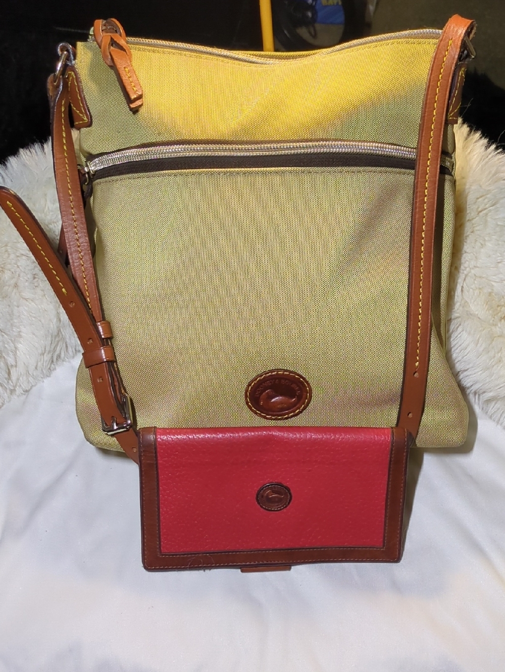 Dooney & Bourke Beige Canvas Crossbody with Red Leather Wallet NOE ONLY $125